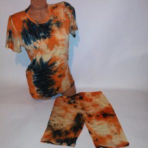 New Fashion Set T Shirt & Bike Shorts Large Black Orange Tie Die Stretch Short S